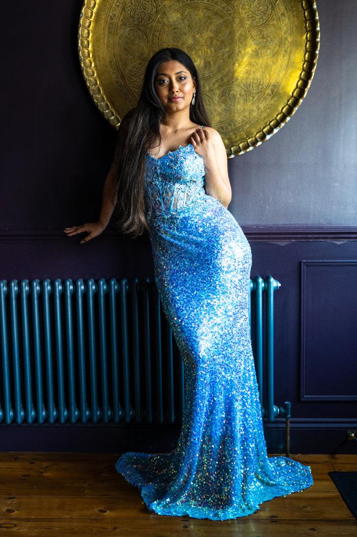 1206 Iced blue Sabine Cascade Sequin Ball gown